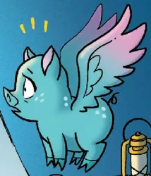 Size: 292x341 | Tagged: safe, derpibooru import, idw, pig, pigasus, friends forever, spoiler:comic, spoiler:comicff23, flying, lantern, open mouth, solo, spread wings