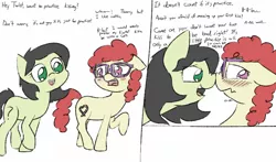 Size: 720x423 | Tagged: safe, artist:happy harvey, derpibooru import, twist, oc, oc:anon, oc:anonfilly, bedroom eyes, bi-curious, blushing, boop, colored, devious, dialogue, drawn on phone, experiment, female, filly, foal, frown, glasses, hesitant, innocent, kissing, lesbian, nervous, no homo, noseboop, open mouth, practice, rule 63, trickery