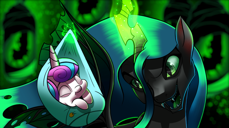 Size: 1000x563 | Tagged: safe, derpibooru import, princess flurry heart, queen chrysalis, pony, baby, baby pony, bokeh, fangs, foal, glow, image, magic, png, sharp teeth, sparkle