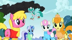 Size: 1920x1080 | Tagged: armor, carrot top, cherry berry, clothes, clothes edit, comically undersized hat, derpibooru import, dragonshy, edit, edited screencap, golden harvest, hoodie, minuette, safe, scarf, screencap, shirt, socks, spring melody, sprinkle medley, sweater, twinkleshine