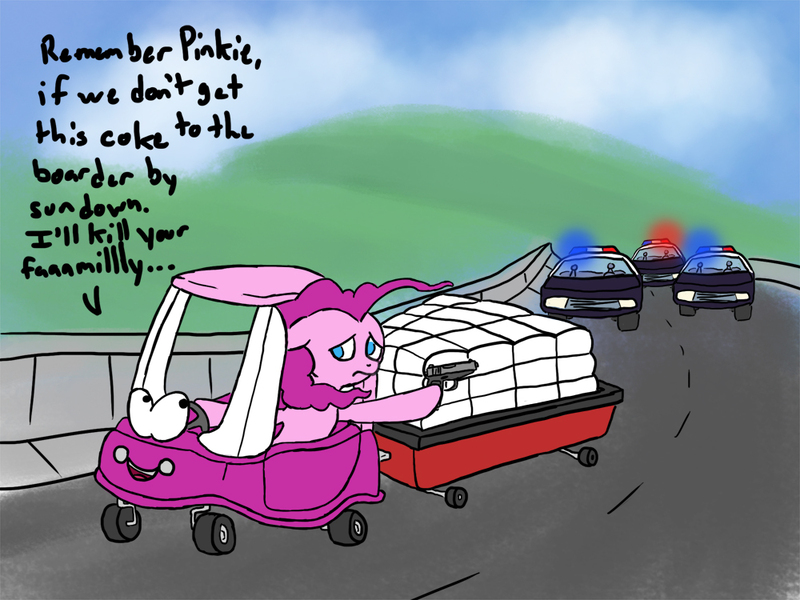 Size: 1000x750 | Tagged: 1000 hours in ms paint, artist:slamjam, car, context is for the weak, cozy coupe, derpibooru import, drugs, little tikes, ms paint, pinkie pie, police, semi-grimdark, wat