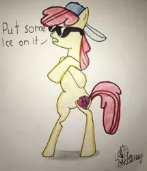 Size: 1024x1188 | Tagged: safe, artist:thelavenderquill, derpibooru import, apple bloom, pony, backwards ballcap, baseball cap, bipedal, cutie mark, dialogue, female, filly, hat, solo, sunglasses, the cmc's cutie marks, traditional art, watermark