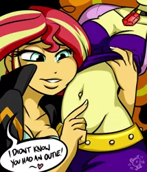 Size: 600x700 | Tagged: suggestive, artist:ponut_joe, derpibooru import, adagio dazzle, sunset shimmer, equestria girls, belly button, black background, breasts, busty adagio dazzle, busty sunset shimmer, cleavage, clothes, dialogue, female, gem, grope, heart, lesbian, midriff, navel fetish, outie belly button, shipping, shirt, shirt lift, simple background, siren gem, sunsagio