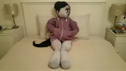 Size: 5312x2988 | Tagged: anthro, anthro plushie, artist:bigsexyplush, artist:somethingaboutoctavia, bed, bedroom eyes, clothes, crossed legs, cute, derpibooru import, doll, hoodie, irl, octavia melody, photo, plushie, safe, solo, toy