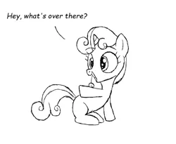 Size: 804x658 | Tagged: artist:pentrig, derpibooru import, dialogue, monochrome, open mouth, safe, solo, sweetie belle