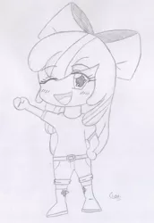 Size: 1218x1774 | Tagged: safe, artist:epsilon-chedi, derpibooru import, apple bloom, equestria girls, adorabloom, chibi, cute, monochrome, open mouth, solo, traditional art, wink