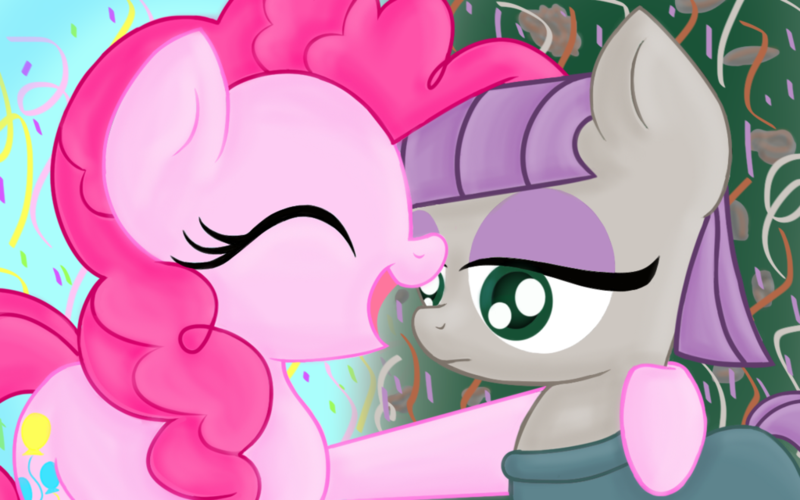 Size: 1024x640 | Tagged: safe, artist:felinefluff, derpibooru import, maud pie, pinkie pie, the gift of the maud pie, confetti, eyes closed, happy, pie sisters