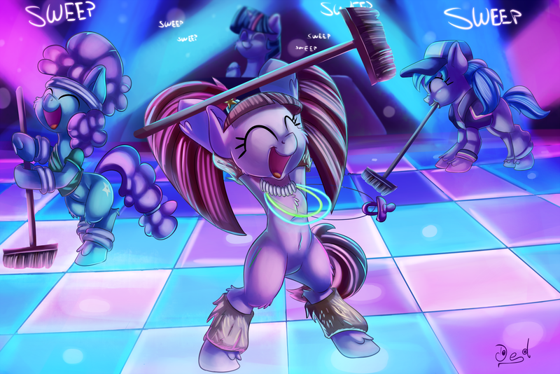 Size: 3000x2002 | Tagged: safe, artist:discorded, derpibooru import, azure velour, flashdancer, pacific glow, twilight sparkle, twilight sparkle (alicorn), alicorn, pony, the saddle row review, armpits, belly button, bipedal, broom, clothes, club pony party palace, dance floor, eyes closed, female, group, hoof hold, mare, meme, mouth hold, open mouth, pacifier, rave, scene interpretation, stomp, sweeping, sweepsweepsweep, turntable