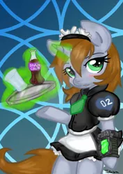 Size: 400x566 | Tagged: suggestive, artist:telasra, derpibooru import, oc, oc:littlepip, unofficial characters only, pony, unicorn, fallout equestria, fanfic, abstract background, blushing, clothes, fanfic art, female, glowing horn, hooves, horn, levitation, magic, maid, mare, open mouth, pipbuck, solo, sparkle cola, telekinesis, tray, waitress