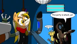 Size: 2560x1470 | Tagged: artist:derpanater, commission, cyber pony, derpibooru import, digital art, disco ball, fallout equestria, fallout equestria: dance of the orthrus, funny, gas mask, gun, hooves up, mirage pony, oc, oc:rufus, oc:turnip soup, oc:vibraphone echo, safe, text, unofficial characters only, weapon, wide eyes