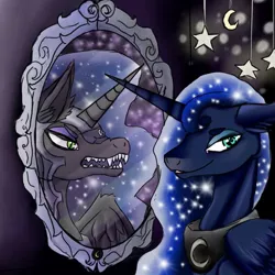 Size: 720x720 | Tagged: safe, artist:brainiac, derpibooru import, nightmare moon, princess luna, alicorn, pony, antagonist, commission, floppy ears, fluffy, grin, lidded eyes, looking at you, mirror, open mouth, reflection, sharp teeth, smiling, smirk, solo