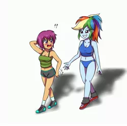 Size: 3507x3472 | Tagged: suggestive, artist:sumin6301, derpibooru import, rainbow dash, scootaloo, equestria girls, armpits, ass, belly button, bike shorts, blushing, breasts, busty rainbow dash, busty scootaloo, camisole tubetop, cleavage, clothes, duo, female, midriff, open mouth, shoes, shorts, simple background, smack, sneakers, socks, sports panties, sports shorts, tanktop, white background