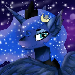 Size: 1280x1280 | Tagged: safe, artist:brainiac, derpibooru import, princess luna, blushing, bust, crescent moon, cute, ear fluff, fluffy, grin, hairclip, heart eyes, lidded eyes, looking at you, looking back, moon, open mouth, portrait, smiling, solo, sparkles, starry eyes, stars, wingding eyes, wing fluff