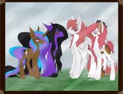 Size: 960x729 | Tagged: safe, artist:brainiac, derpibooru import, oc, oc:brainiac, oc:hunters moon, oc:rose sniffer, oc:strawberry cocktail, unofficial characters only, earth pony, pegasus, pony, unicorn, concept art, female, group shot, male, size comparison, unshorn fetlocks