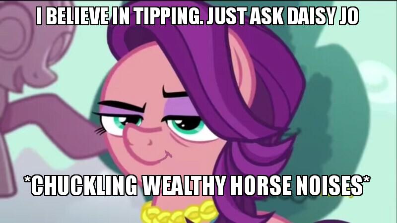 Size: 800x450 | Tagged: cow tipping, crusaders of the lost mark, derpibooru import, descriptive noise, edit, edited screencap, image macro, jerk, meme, pun, safe, screencap, smirk, solo, spoiled rich, tipping, worst pony