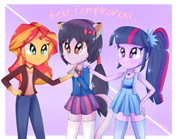Size: 1024x806 | Tagged: safe, artist:vixelzf, derpibooru import, sunset shimmer, twilight sparkle, twilight sparkle (alicorn), oc, oc:cassey, equestria girls, clothes, dress, equestria girls-ified, happy birthday, jeans, pants, pleated skirt, ponytail, skirt, socks, spanish, thigh highs, translated in the description, zettai ryouiki
