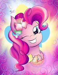 Size: 1275x1650 | Tagged: artist:animechristy, derpibooru import, flower, flower in hair, grin, pinkie pie, safe, solo, wink