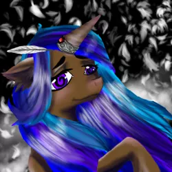 Size: 400x400 | Tagged: safe, artist:brainiac, derpibooru import, oc, oc:rose sniffer, unofficial characters only, pony, unicorn, brown, cute, feather, floppy ears, horn ring, icon, raised hoof, smiling, solo, swirly eyes