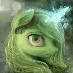 Size: 1024x1024 | Tagged: safe, artist:paticzaki, derpibooru import, oc, oc:tierue, unofficial characters only, butterfly, pony, unicorn, bust, detailed, female, glowing horn, green, green eyes, green mane, magic, mare, portrait, profile, realistic, solo