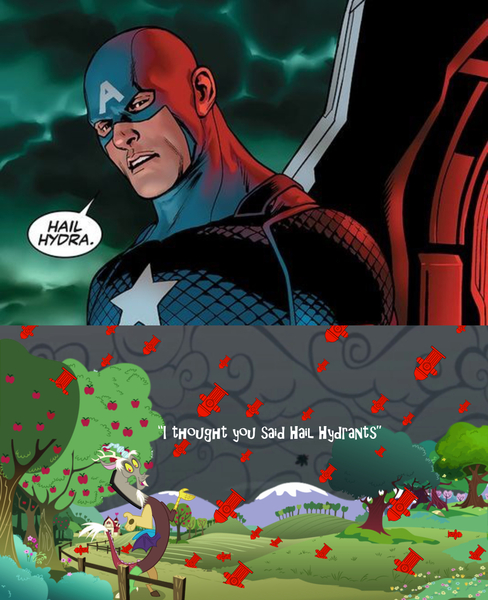 Size: 960x1180 | Tagged: captain america, captain hydra, comic book, derpibooru import, discord, exploitable meme, fire hydrant, hail hydra, marvel, meme, misunderstanding, rain, safe