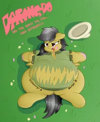Size: 1556x1910 | Tagged: artist:dullpoint, belly button, daring do, daring dollop, derpibooru import, fat, obese, on back, ripped shirt, ripping clothes, solo, suggestive