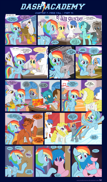 Size: 1248x2123 | Tagged: safe, artist:sorcerushorserus, derpibooru import, baby ribbs, brolly, firefly, fluttershy, gilda, rainbow dash, surprise, whitewash, gryphon, pegasus, pony, comic:dash academy, argie ribbs, cafeteria, comic, crossword puzzle, crying, dice, dungeons and dragons, female, g1, g1 to g4, generation leap, gym, gymnasium, hug, lunch, male, mare, newspaper, school, stallion, tears of pain