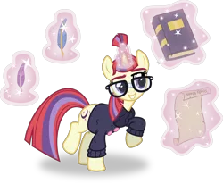 Size: 6000x4948 | Tagged: absurd resolution, artist:8-notes, artist:psychicwalnut, book, clothes, cute, derpibooru import, flash puppet, glasses, magic, moondancer, ponyscape, quill, raised hoof, safe, scroll, simple background, smiling, solo, sweater, transparent background, vector
