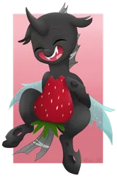 Size: 1024x1553 | Tagged: artist:zombies8mywaffle, bite mark, changeling, cute, cuteling, derpibooru import, food, happy, safe, smiling, solo, strawberry