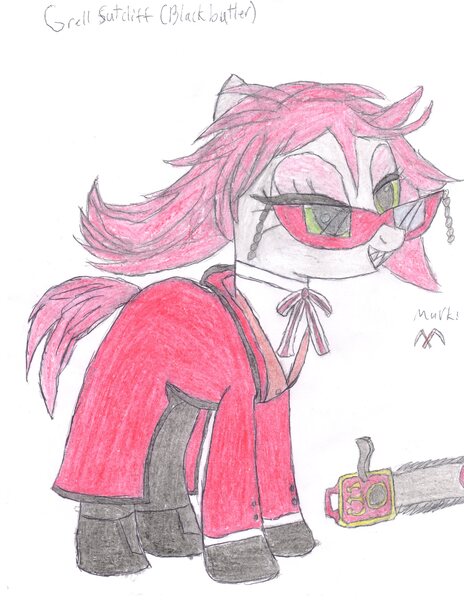 Size: 3060x3960 | Tagged: artist:aridne, black butler, chainsaw, derpibooru import, grell sutcliff, ponified, safe, solo, traditional art