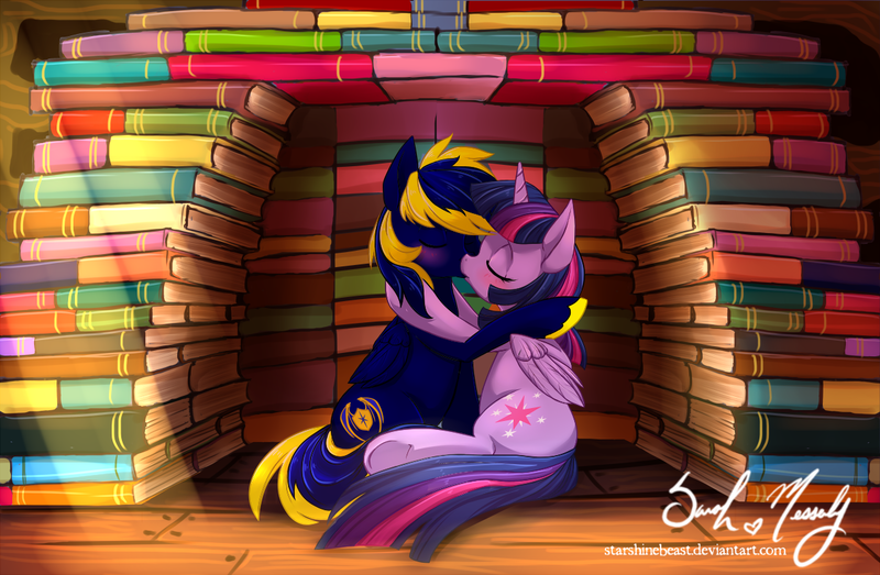 Size: 1212x792 | Tagged: safe, artist:starshinebeast, derpibooru import, twilight sparkle, twilight sparkle (alicorn), oc, oc:zephyr, alicorn, pony, blushing, book fort, canon x oc, commission, eyes closed, female, hug, kissing, male, mare, shipping, side, straight, twiphyr, underhoof, unshorn fetlocks