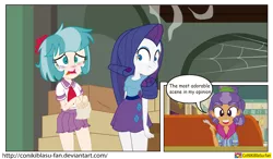 Size: 2797x1635 | Tagged: safe, artist:conikiblasu-fan, derpibooru import, coco pommel, plaid stripes, rarity, equestria girls, the saddle row review, belly button, bucktooth, clothes, cold, equestria girls interpretation, equestria girls-ified, looking at you, manehattan, midriff, open mouth, plaid, plaidabetes, pleated skirt, restaurant, scene interpretation, sick, sitting, skirt, smiling, sneezing, spoon, table, teary eyes, tissue