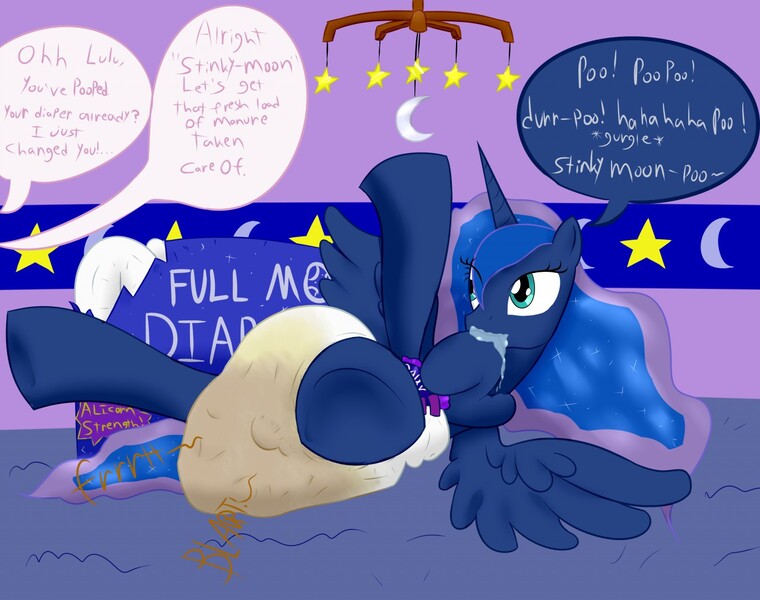 Size: 1280x1011 | Tagged: adult foal, age regression, artist:ricktin, derpibooru import, diaper, diaper fetish, diaper package, drool, fart, fart noise, implied princess celestia, lunar wind, mental regression, messing, messy diaper, offscreen character, poop, pooping, poopy diaper, princess celestia, princess luna, questionable, scat, urine, wet diaper