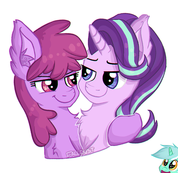 Size: 900x876 | Tagged: artist:falldust, berry punch, berryshine, chest fluff, derpibooru import, ear fluff, female, glimmerberry, hug, lesbian, lidded eyes, looking at each other, lyra heartstrings, open mouth, safe, shipper on deck, shipping, simple background, smiling, starlight glimmer, white background