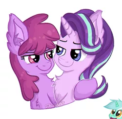 Size: 900x876 | Tagged: artist:falldust, berry punch, berryshine, chest fluff, derpibooru import, ear fluff, female, glimmerberry, hug, lesbian, lidded eyes, looking at each other, lyra heartstrings, open mouth, safe, shipper on deck, shipping, simple background, smiling, starlight glimmer, white background