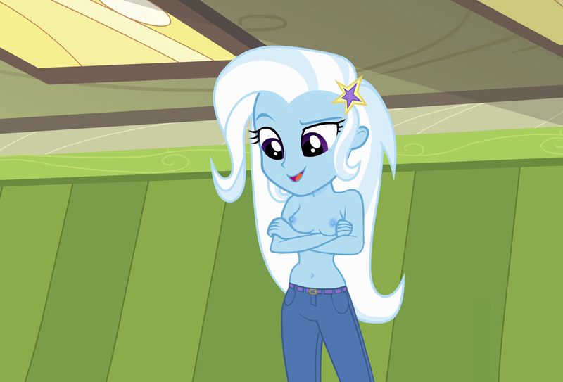 Size: 1920x1303 | Tagged: questionable, artist:invisibleink, derpibooru import, edit, edited screencap, screencap, trixie, equestria girls, belly button, breasts, clothes, female, jeans, nipples, nude edit, nudity, pants, partial nudity, partial nudity edit, requested art, topless, underwear, underwear edit