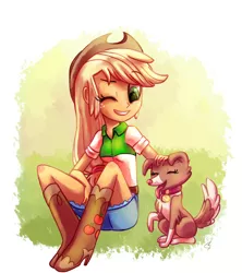 Size: 1500x1686 | Tagged: safe, artist:lightof-dawn, derpibooru import, applejack, winona, equestria girls, art trade, boots, clothes, cowboy boots, cowboy hat, denim skirt, hat, shoes, skirt, stetson, wink