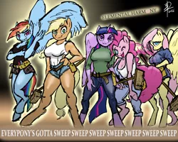 Size: 4000x3200 | Tagged: anthro, applejack, artist:threewontoo, breasts, broom, busty applejack, busty fluttershy, busty pinkie pie, busty rainbow dash, busty twilight sparkle, clothes, derpibooru import, female, fluttershy, leotard, pinkie pie, rainbow dash, shorts, suggestive, sweeping, sweepsweepsweep, tanktop, the saddle row review, t-shirt, twilight sparkle, twilight sparkle (alicorn), unguligrade anthro, utility belt