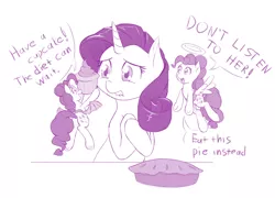 Size: 1100x793 | Tagged: safe, artist:dstears, derpibooru import, pinkie pie, rarity, pony, unicorn, the saddle row review, cupcake, dialogue, fake wings, female, food, lip bite, mare, monochrome, pie, rarity looking at food, role reversal, shoulder angel, shoulder devil