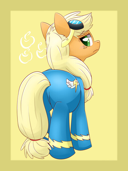 Size: 1200x1600 | Tagged: safe, artist:gamijack, derpibooru import, applejack, earth pony, pony, clothes, female, goggles, looking back, mare, plot, rear view, solo, wonderbolts uniform