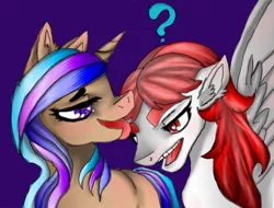 Size: 400x304 | Tagged: safe, artist:brainiac, derpibooru import, oc, oc:hunters moon, oc:rose sniffer, unofficial characters only, pegasus, pony, unicorn, cute, eyebrows, female, goofy, lesbian, licking, rosexhunter, shipping, shojo ai, tongue out, weird