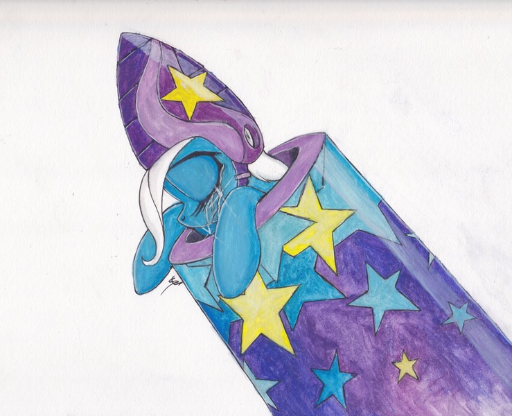 Size: 2096x1701 | Tagged: safe, artist:scribblepwn3, derpibooru import, trixie, pony, unicorn, no second prances, cannon, crying, female, helmet, mare, pen drawing, sad, solo, traditional art, watercolor painting