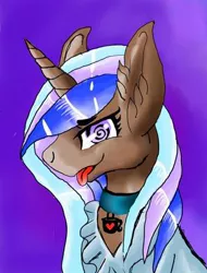 Size: 304x400 | Tagged: safe, artist:brainiac, derpibooru import, oc, oc:rose sniffer, unofficial characters only, pony, unicorn, :p, brown, bust, clothes, collar, cute, ear fluff, lidded eyes, looking at you, open mouth, shirt, sitting, smiling, solo, swirly eyes, tongue out