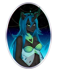 Size: 2550x3300 | Tagged: suggestive, artist:slyblue7, derpibooru import, queen chrysalis, anthro, breasts, busty queen chrysalis, female, midriff, solo, solo female