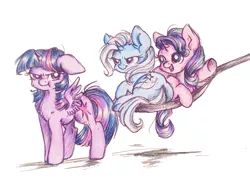 Size: 700x516 | Tagged: safe, artist:buttersprinkle, derpibooru import, starlight glimmer, trixie, twilight sparkle, twilight sparkle (alicorn), alicorn, pony, unicorn, :t, angry, chest fluff, cute, diatrixes, female, floppy ears, fluffy, frown, glare, glimmerbetes, grumpy, grumpy twilight, horse spooning meme, magical trio, mare, meme, open mouth, prone, puffy cheeks, smiling, smirk, smug, spoon, spread wings, tiny, tiny ponies, traditional art, twiabetes, underhoof, waving