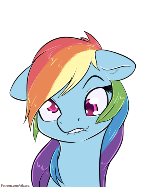 Size: 800x1000 | Tagged: safe, artist:alasou, deleted from derpibooru, derpibooru import, rainbow dash, pony, bust, derp, funny face, lip bite, patreon, portrait, silly, silly pony, simple background, solo, transparent background