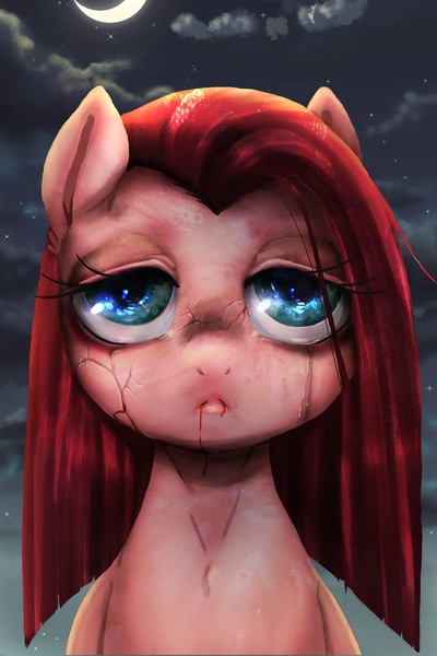 Size: 2362x3544 | Tagged: artist:buttercupsaiyan, derpibooru import, moon, night, pinkamena diane pie, pinkie pie, sad, semi-grimdark, solo