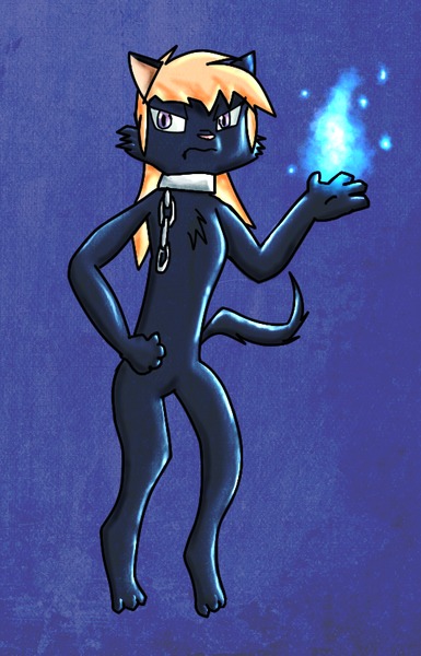 Size: 537x837 | Tagged: ahuizotl, antagonist, artist:chiptunebrony, blue flame, cat, catrina, chains, collar, derpibooru import, feline, female, g1, magic, mane, paws, posture, prisoner, recolor, revamp, safe, semi-anthro, solo, story, tartarus, witch, yellow