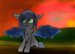 Size: 800x580 | Tagged: safe, artist:eclipsepenumbra, derpibooru import, oc, oc:eclipse penumbra, unofficial characters only, bat pony, pony, chest fluff, cute, dialogue, fangs, floppy ears, green eyes, looking at you, smiling, solo, sunset