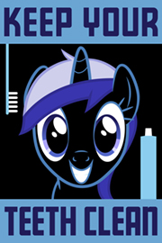 Size: 180x270 | Tagged: artist:mikej, dental hygiene, derpibooru import, minuette, parody, poster, public service announcement, safe, shirt design, teepublic, teeth, toothbrush, toothpaste, wpa