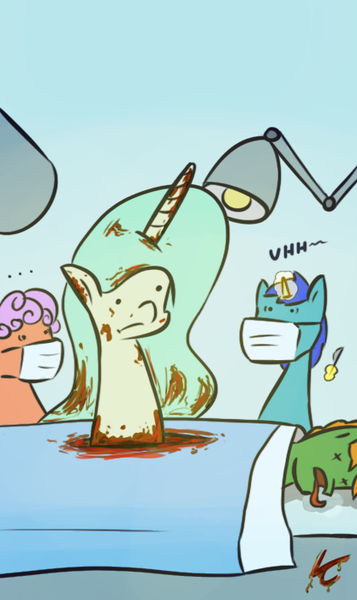 Size: 417x700 | Tagged: semi-grimdark, artist:liracrown, derpibooru import, princess celestia, pony, unicorn, ..., :t, blood, chestburster, death, doctor, inconspiculestia, lamp, levitation, magic, operating room, scalpel, telekinesis, tongue out, wat, wide eyes, x eyes